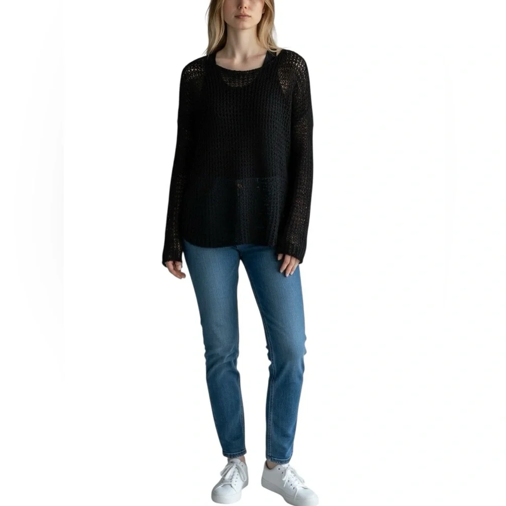 J. Crew Black Open-Knit Crewneck Sweater